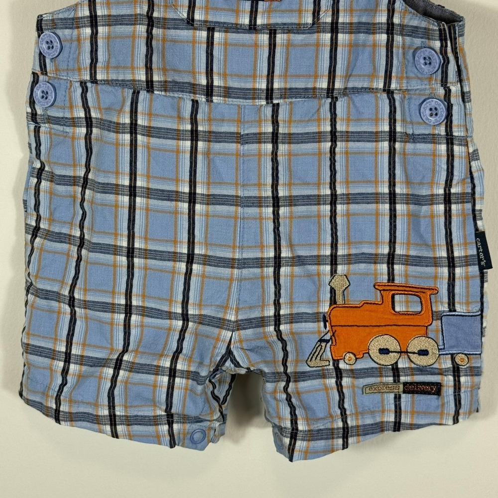 VTG Carters Kids Baby Boy Blue Plaid Train Embroidered Shortalls Overalls 6-9 M - Picture 3 of 11